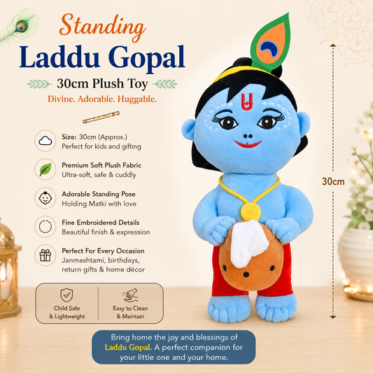 30cm Standing Baby Krishna Plush Toy with Makhan Matki | Soft & Cuddly Bal Gopal Doll | Premium Devotional Gift for Kids & Home Décor