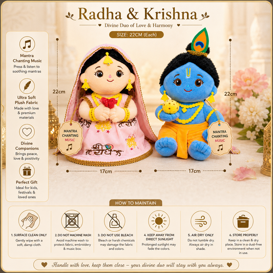 AVS TOYS Radha Krishna Plush Toy Combo 22cm with Mantra Chanting Music | Ultra Soft Premium Plush Dolls | Divine Couple Soft Toys for Kids, Home Décor & Gift Set