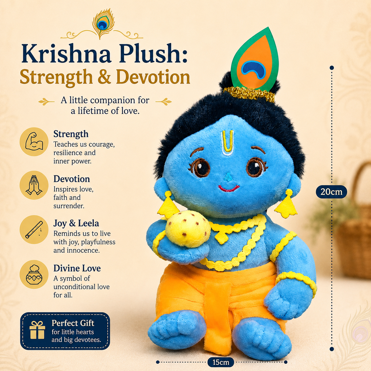 AVS Baby Laddu Gopal Krishna Plush Soft Toy With Music Mantra (20cm)