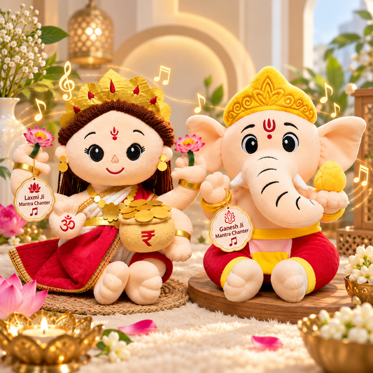 Lakshmi Ji & Ganesh Ji Mantra Chanting Plush Toy Combo – 25 cm