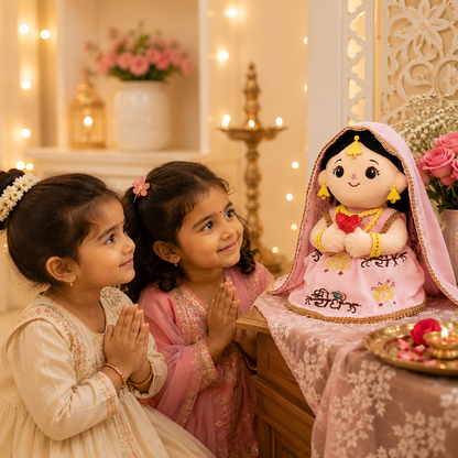 AVS TOYS Radha Plush Toy 22cm with Mantra Chanting Music | Ultra Soft Premium Plush Doll | Spiritual Soft Toy for Kids, Home Décor & Gift