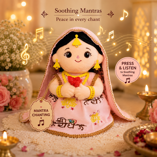 AVS TOYS Radha Plush Toy 22cm with Mantra Chanting Music | Ultra Soft Premium Plush Doll | Spiritual Soft Toy for Kids, Home Décor & Gift