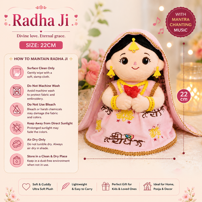 AVS TOYS Radha Plush Toy 22cm with Mantra Chanting Music | Ultra Soft Premium Plush Doll | Spiritual Soft Toy for Kids, Home Décor & Gift