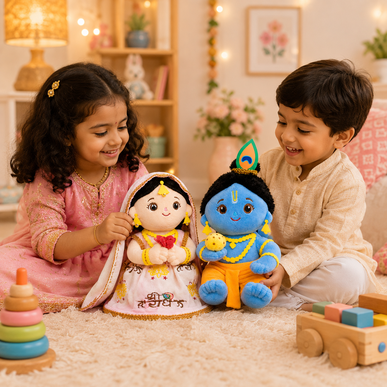 AVS TOYS Radha Krishna Plush Toy Combo 22cm with Mantra Chanting Music | Ultra Soft Premium Plush Dolls | Divine Couple Soft Toys for Kids, Home Décor & Gift Set