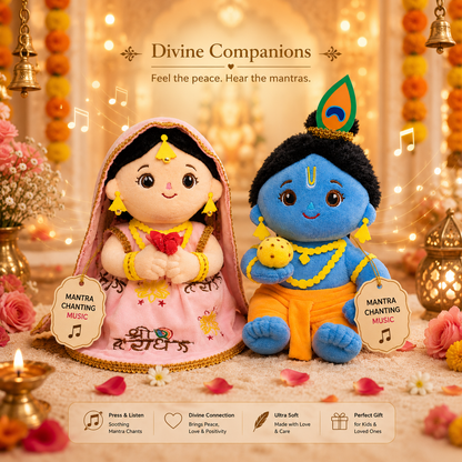 AVS TOYS Radha Krishna Plush Toy Combo 22cm with Mantra Chanting Music | Ultra Soft Premium Plush Dolls | Divine Couple Soft Toys for Kids, Home Décor & Gift Set