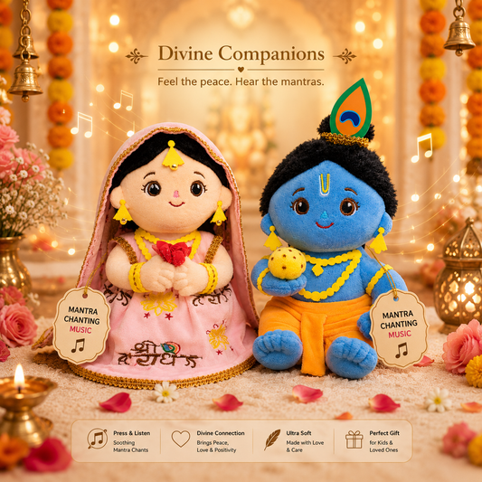 AVS TOYS Radha Krishna Plush Toy Combo 22cm with Mantra Chanting Music | Ultra Soft Premium Plush Dolls | Divine Couple Soft Toys for Kids, Home Décor & Gift Set