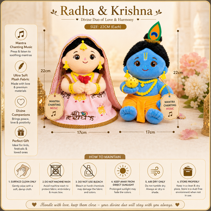 AVS TOYS Radha Krishna Plush Toy Combo 22cm with Mantra Chanting Music | Ultra Soft Premium Plush Dolls | Divine Couple Soft Toys for Kids, Home Décor & Gift Set