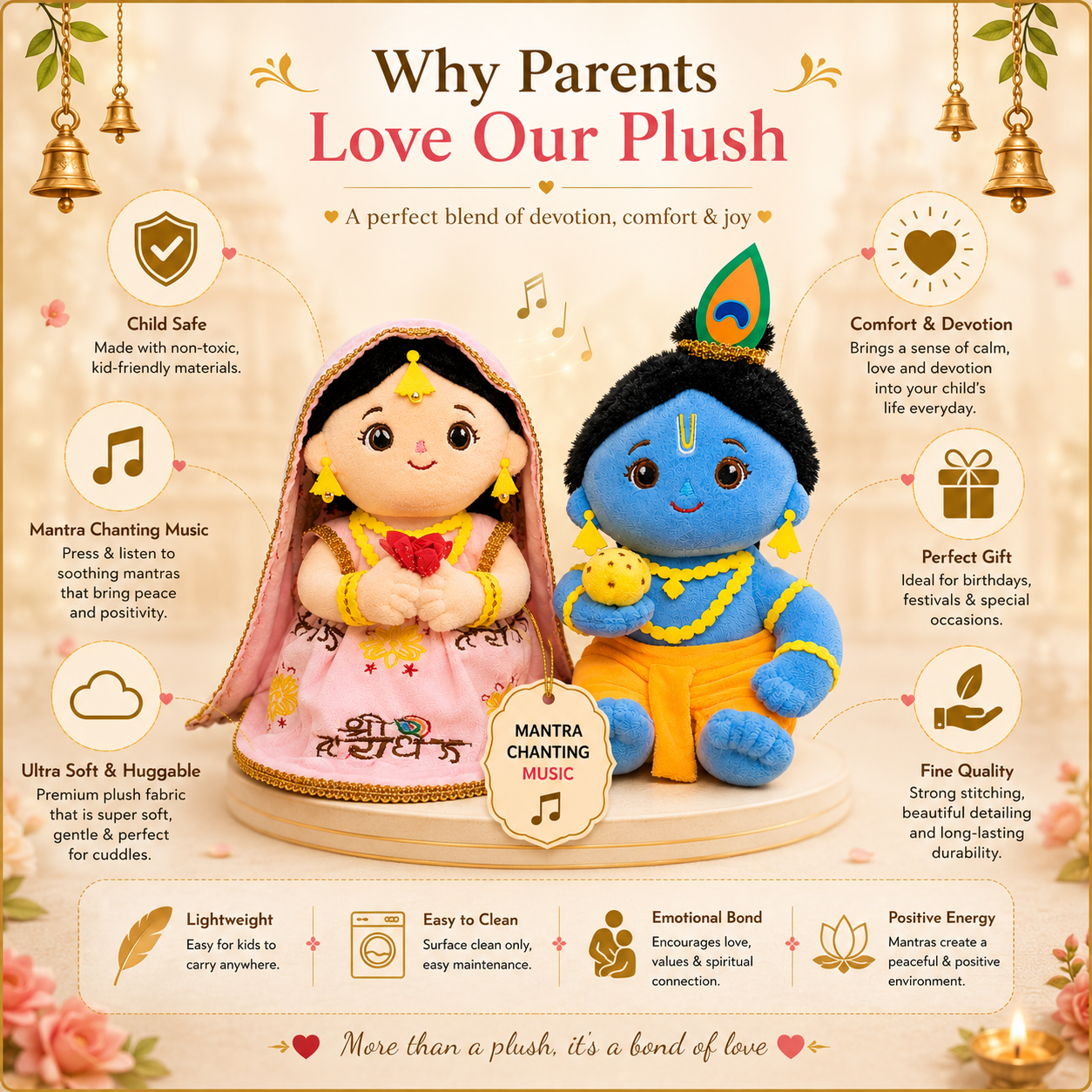 AVS TOYS Radha Krishna Plush Toy Combo 22cm with Mantra Chanting Music | Ultra Soft Premium Plush Dolls | Divine Couple Soft Toys for Kids, Home Décor & Gift Set
