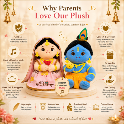 AVS TOYS Radha Krishna Plush Toy Combo 22cm with Mantra Chanting Music | Ultra Soft Premium Plush Dolls | Divine Couple Soft Toys for Kids, Home Décor & Gift Set