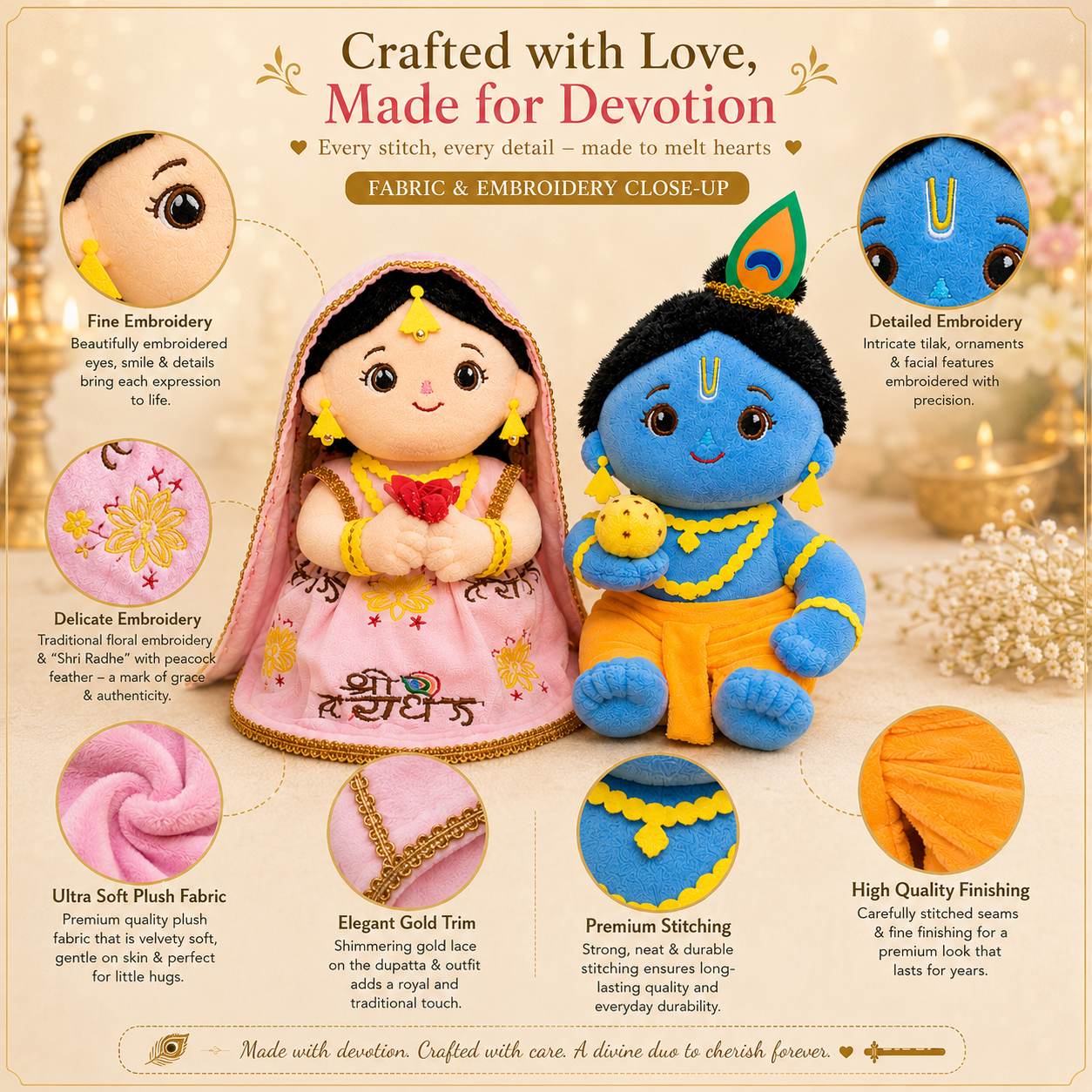 AVS TOYS Radha Krishna Plush Toy Combo 22cm with Mantra Chanting Music | Ultra Soft Premium Plush Dolls | Divine Couple Soft Toys for Kids, Home Décor & Gift Set
