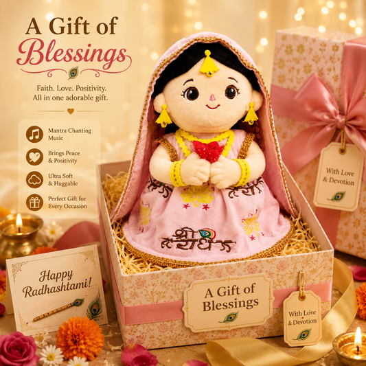 AVS TOYS Radha Plush Toy 22cm with Mantra Chanting Music | Ultra Soft Premium Plush Doll | Spiritual Soft Toy for Kids, Home Décor & Gift