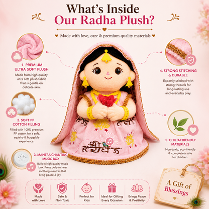 AVS TOYS Radha Plush Toy 22cm with Mantra Chanting Music | Ultra Soft Premium Plush Doll | Spiritual Soft Toy for Kids, Home Décor & Gift