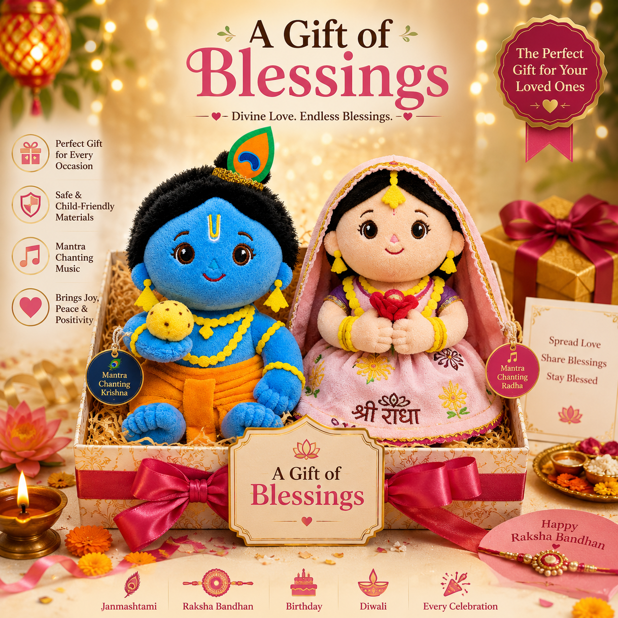 AVS TOYS Radha Krishna Plush Toy Combo 22cm with Mantra Chanting Music | Ultra Soft Premium Plush Dolls | Divine Couple Soft Toys for Kids, Home Décor & Gift Set
