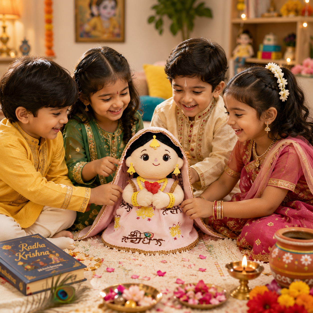 AVS TOYS Radha Plush Toy 22cm with Mantra Chanting Music | Ultra Soft Premium Plush Doll | Spiritual Soft Toy for Kids, Home Décor & Gift