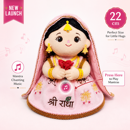 AVS TOYS Radha Plush Toy 22cm with Mantra Chanting Music | Ultra Soft Premium Plush Doll | Spiritual Soft Toy for Kids, Home Décor & Gift