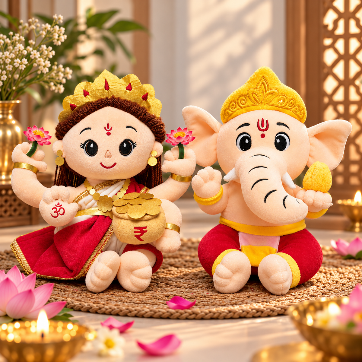 Lakshmi Ji & Ganesh Ji Mantra Chanting Plush Toy Combo – 25 cm