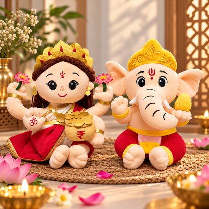 Lakshmi Ji & Ganesh Ji Mantra Chanting Plush Toy Combo – 25 cm