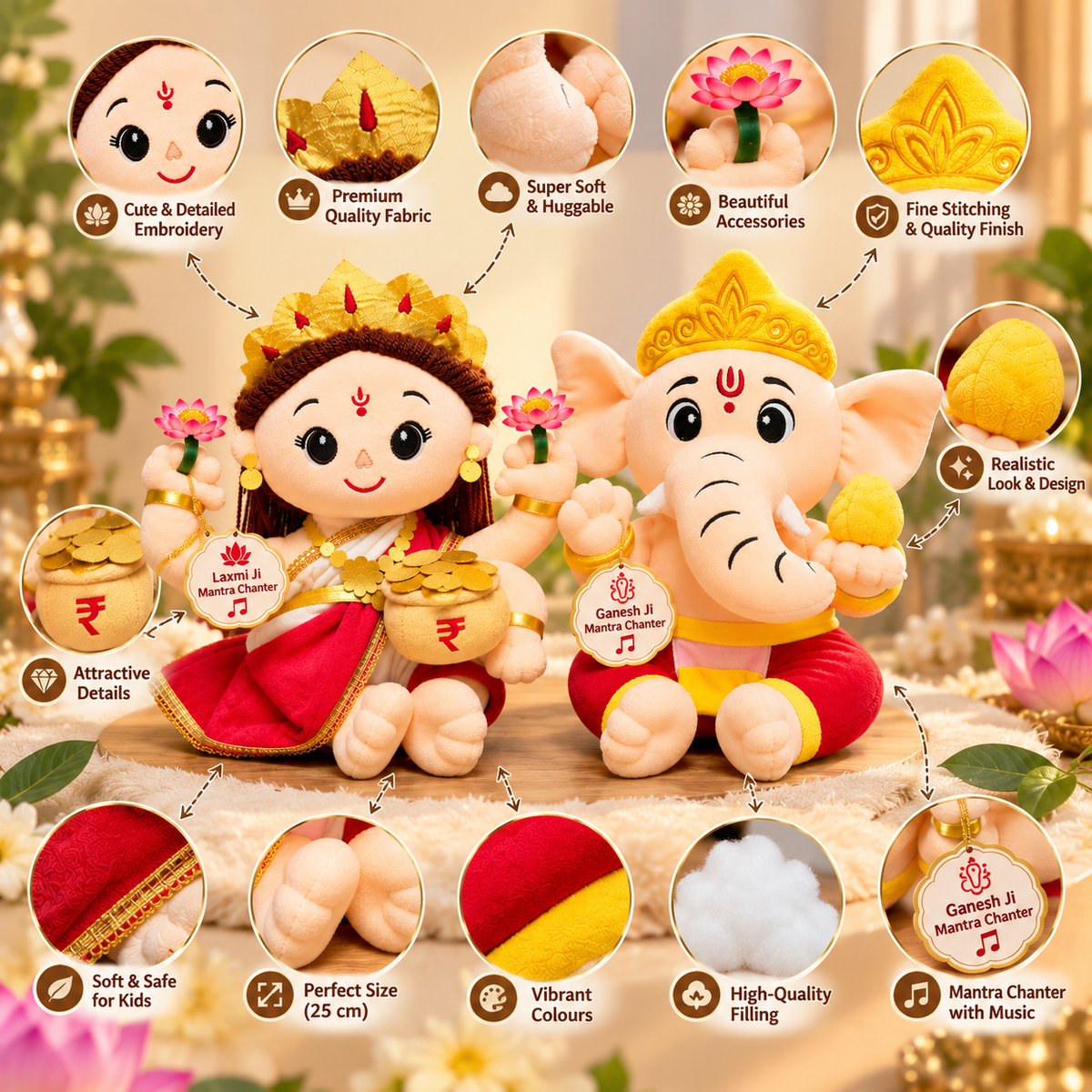 Lakshmi Ji & Ganesh Ji Mantra Chanting Plush Toy Combo – 25 cm