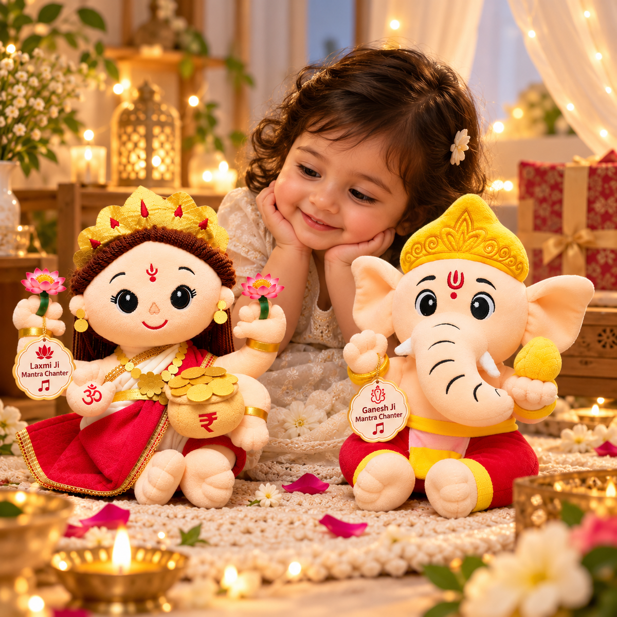 Lakshmi Ji & Ganesh Ji Mantra Chanting Plush Toy Combo – 25 cm