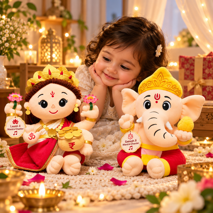 Lakshmi Ji & Ganesh Ji Mantra Chanting Plush Toy Combo – 25 cm