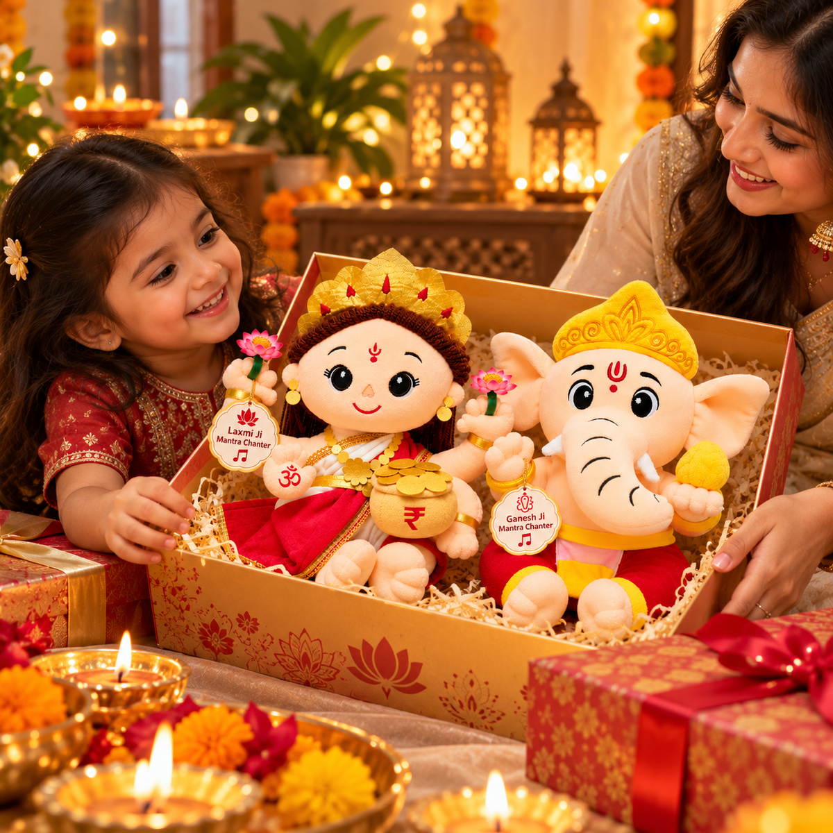 Lakshmi Ji & Ganesh Ji Mantra Chanting Plush Toy Combo – 25 cm