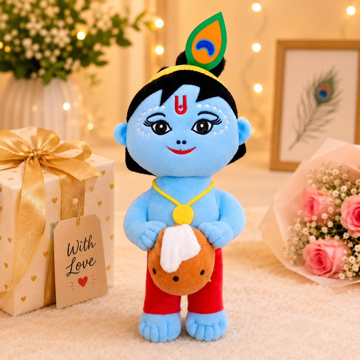 30cm Standing Baby Krishna Plush Toy with Makhan Matki | Soft & Cuddly Bal Gopal Doll | Premium Devotional Gift for Kids & Home Décor