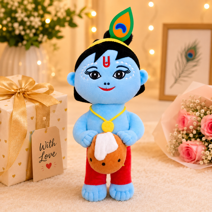 30cm Standing Baby Krishna Plush Toy with Makhan Matki | Soft & Cuddly Bal Gopal Doll | Premium Devotional Gift for Kids & Home Décor
