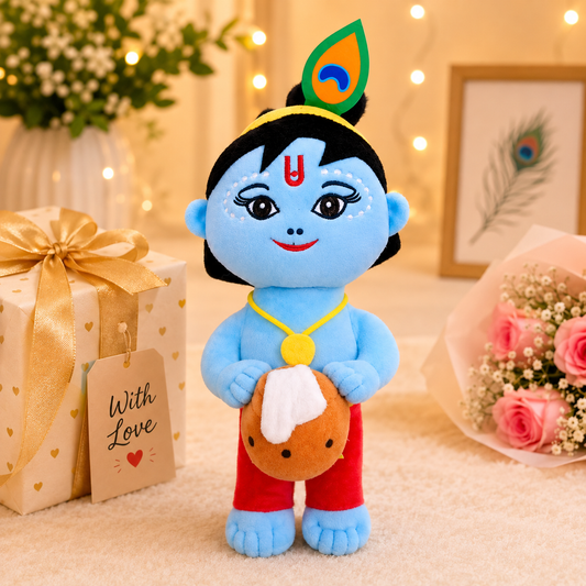 30cm Standing Baby Krishna Plush Toy with Makhan Matki | Soft & Cuddly Bal Gopal Doll | Premium Devotional Gift for Kids & Home Décor