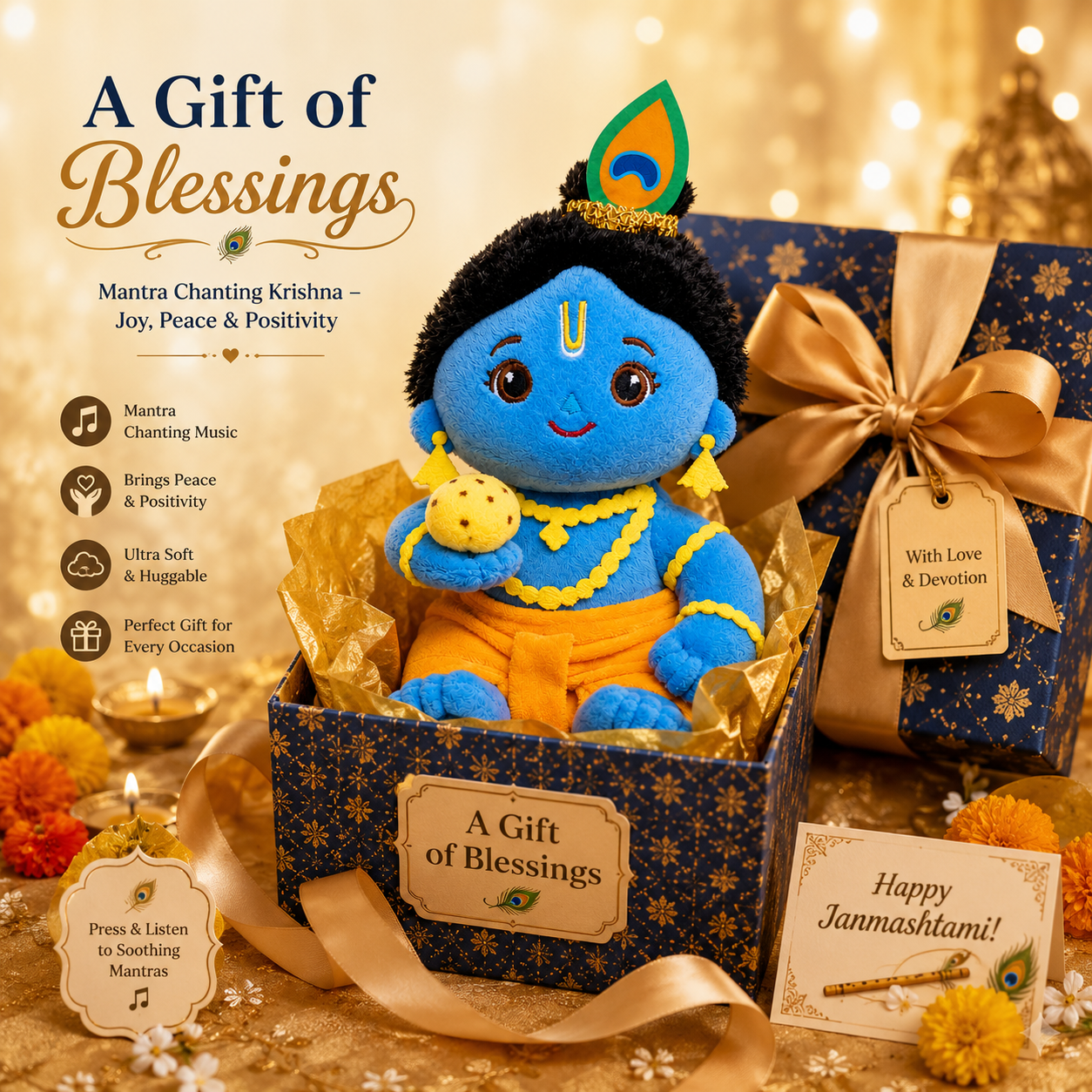 AVS Baby Laddu Gopal Krishna Plush Soft Toy With Music Mantra (20cm)