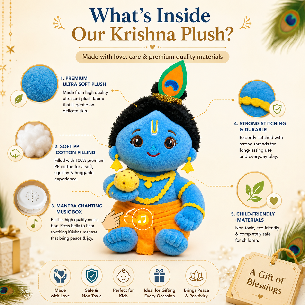 AVS Baby Laddu Gopal Krishna Plush Soft Toy With Music Mantra (20cm)