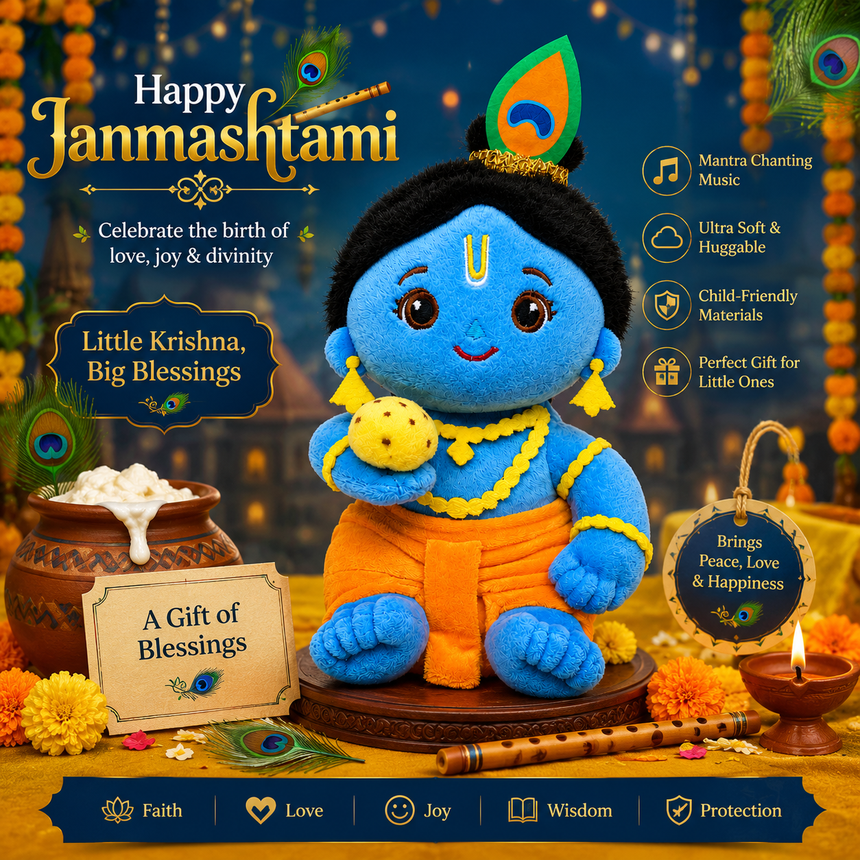 AVS Baby Laddu Gopal Krishna Plush Soft Toy With Music Mantra (20cm)