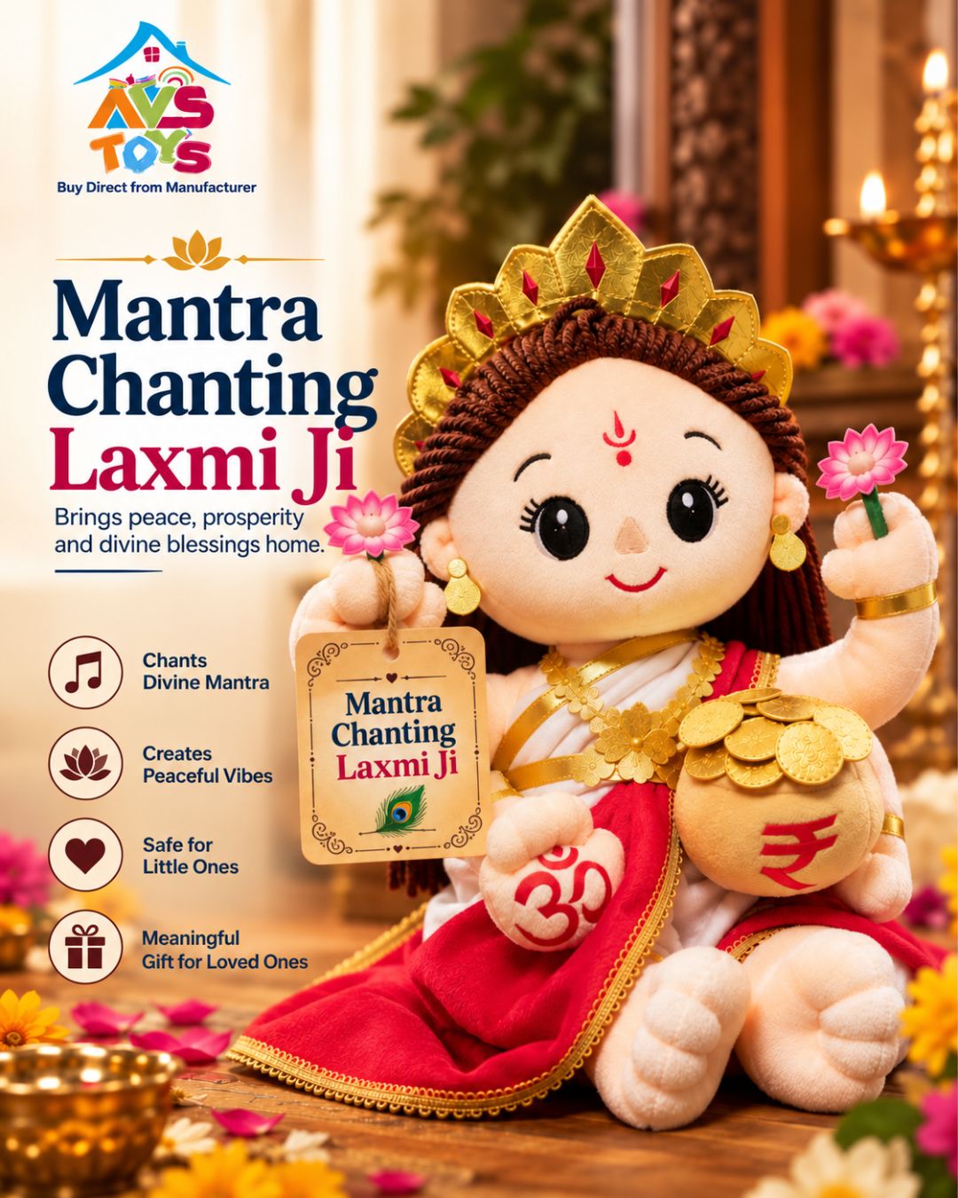 AVS TOYS  Laxmi Ji Musical Soft Plush Toy (25 CM)