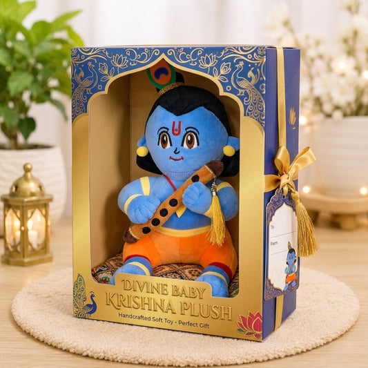 30cm Sitting Lord Krishna Plush Toy with Flute | Soft & Cuddly Devotional Soft Toy