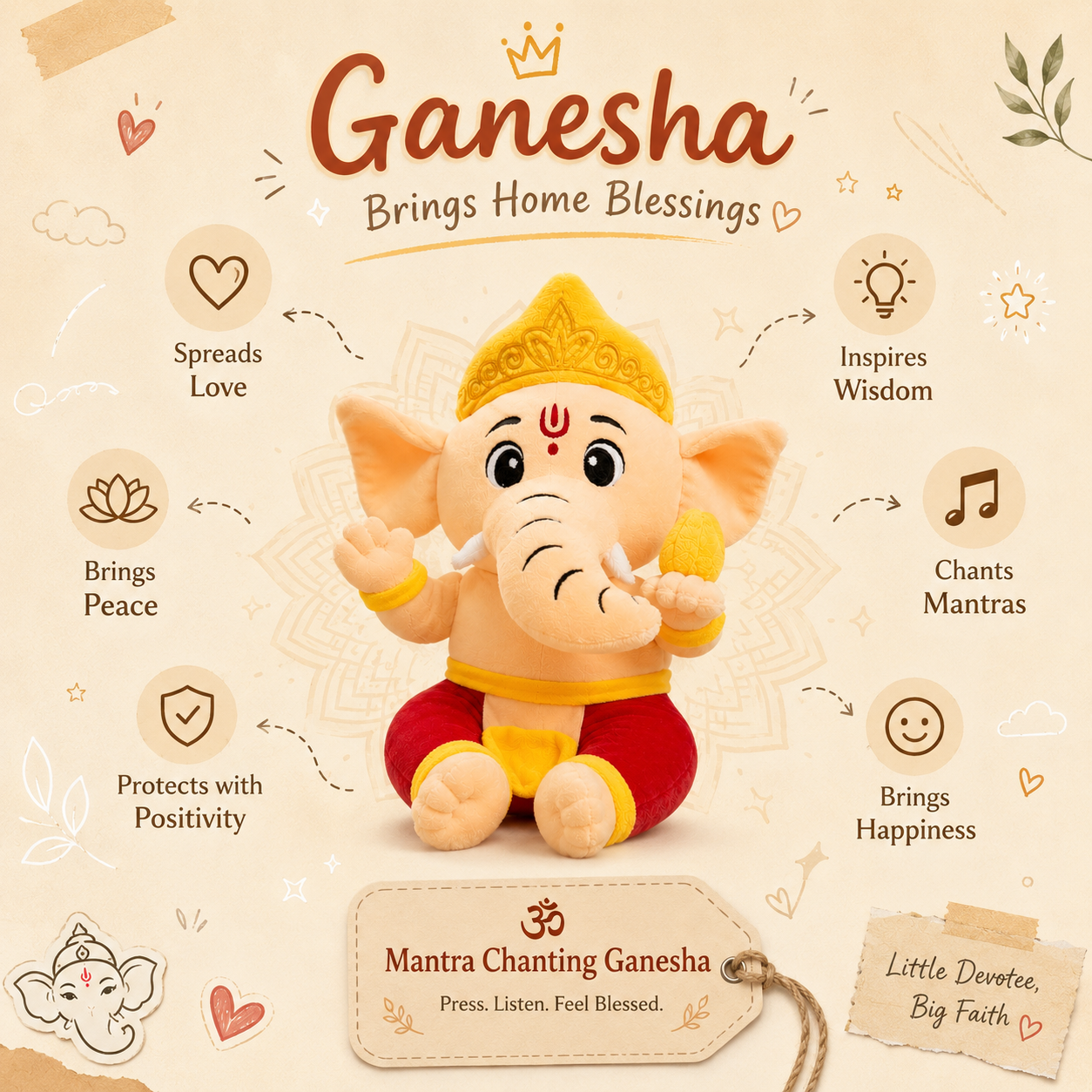AVS Baby Ganesha Plush Soft Toy With Music Cute Ganpati with Modak (25cm) - Image 3