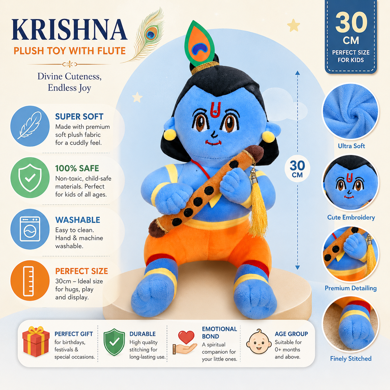 Krishna Ji Soft Plush Toy with Bansuri – Premium 35cm Stuffed Doll - Image 4
