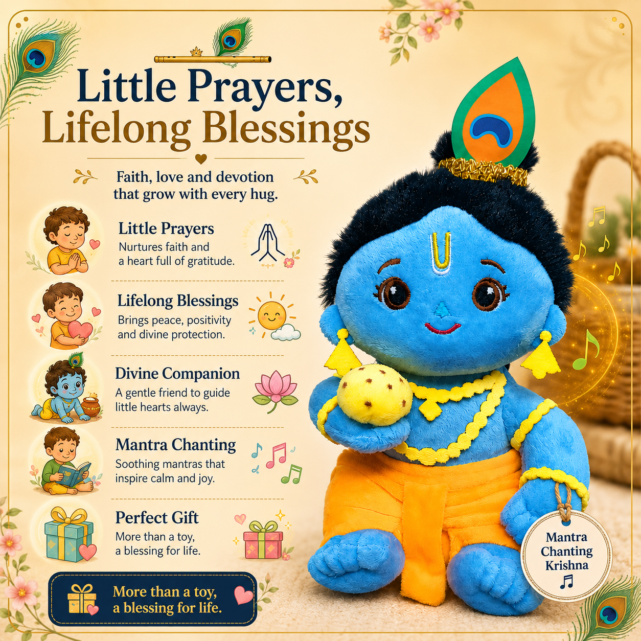 AVS Baby Laddu Gopal Krishna Plush Soft Toy With Music Mantra Cute Bal Krishna with Laddu (20cm) - Image 3